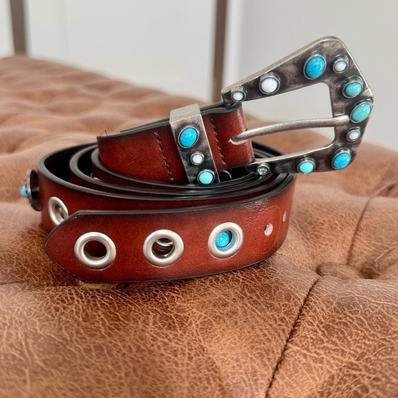 Western Brown Belt with Turquoise Studded Buckle & Concho Details - Picture 1 of 4